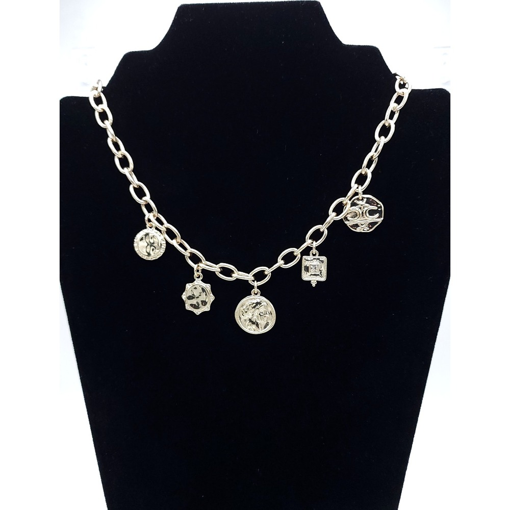 J Crew Gold Charm Necklace Chunky Link Coin Pendant 16in‎ - Picture 2 of 6